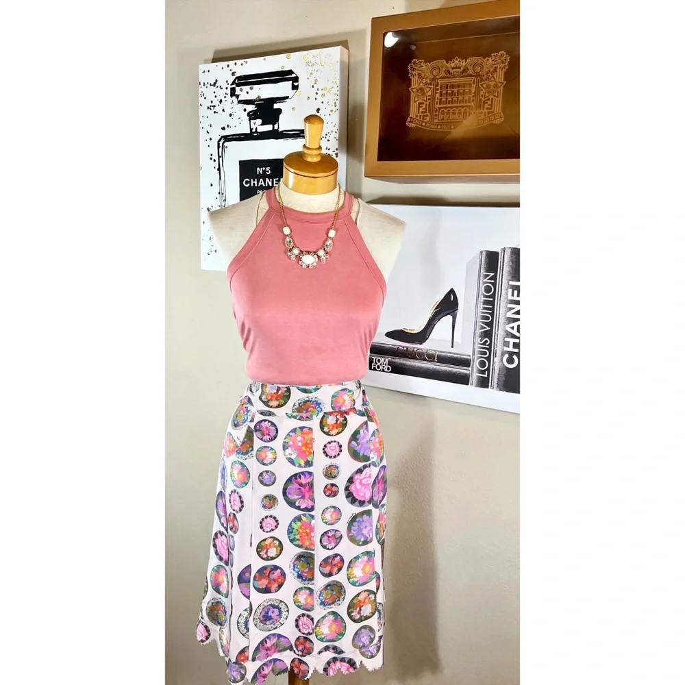 Fendi Colorful 100% Silk Midi Logo Skirt W/ Jagged Trim